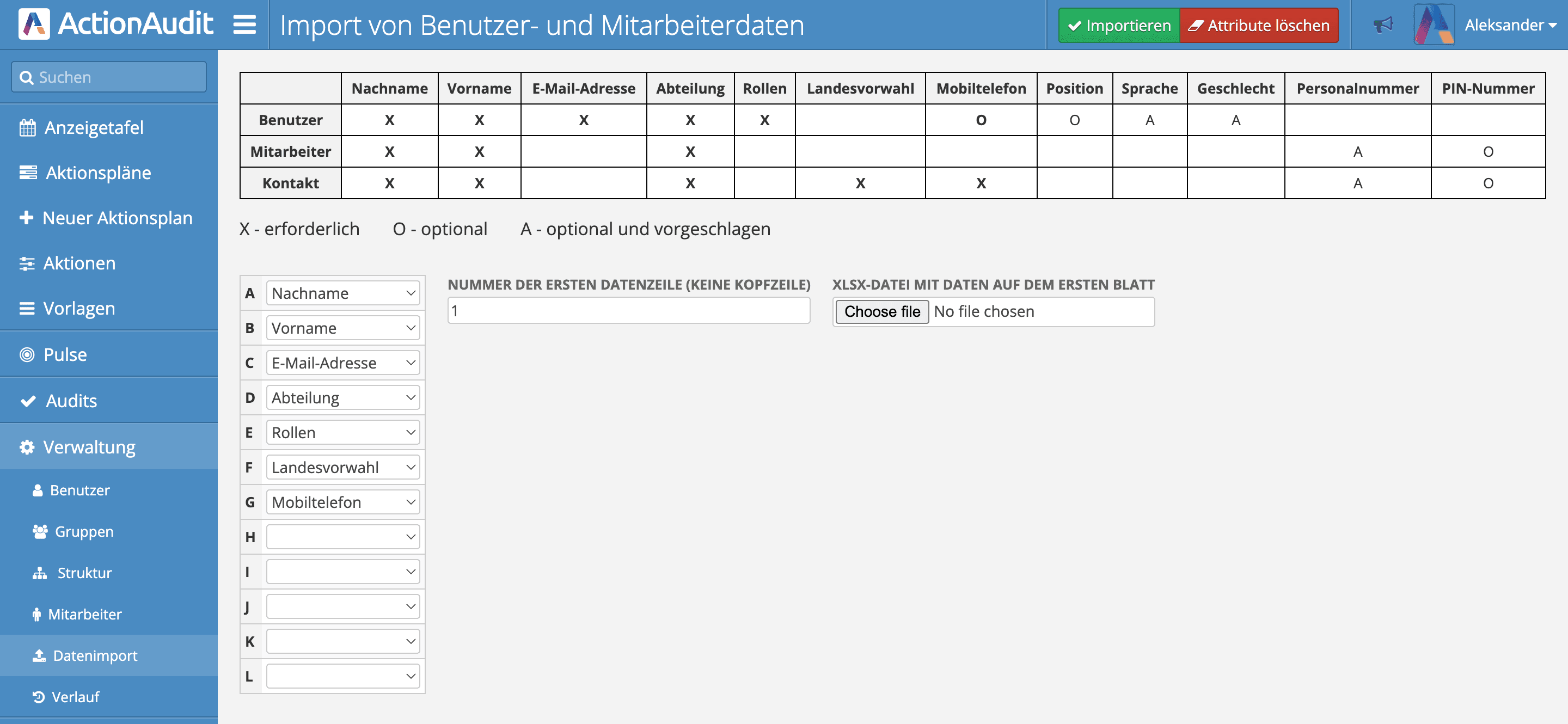 Formular zum Importieren von Benutzer- und Mitarbeiterdaten