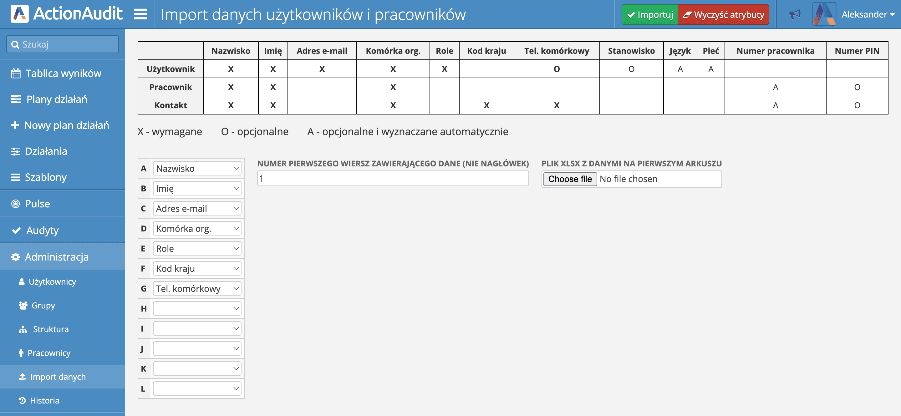 Formularz importu danych użytkowników i pracowników