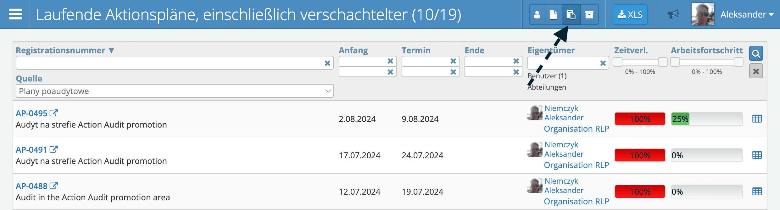 Neuen Geltungsbereichs in der Liste der Aktionspläne