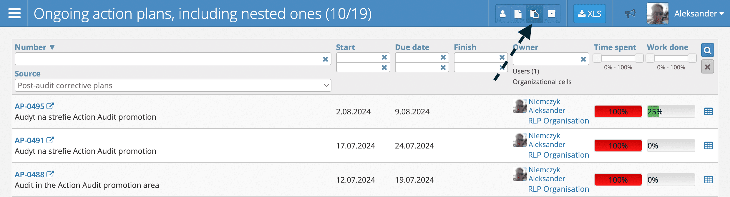 Scopes switch on the list of action plans