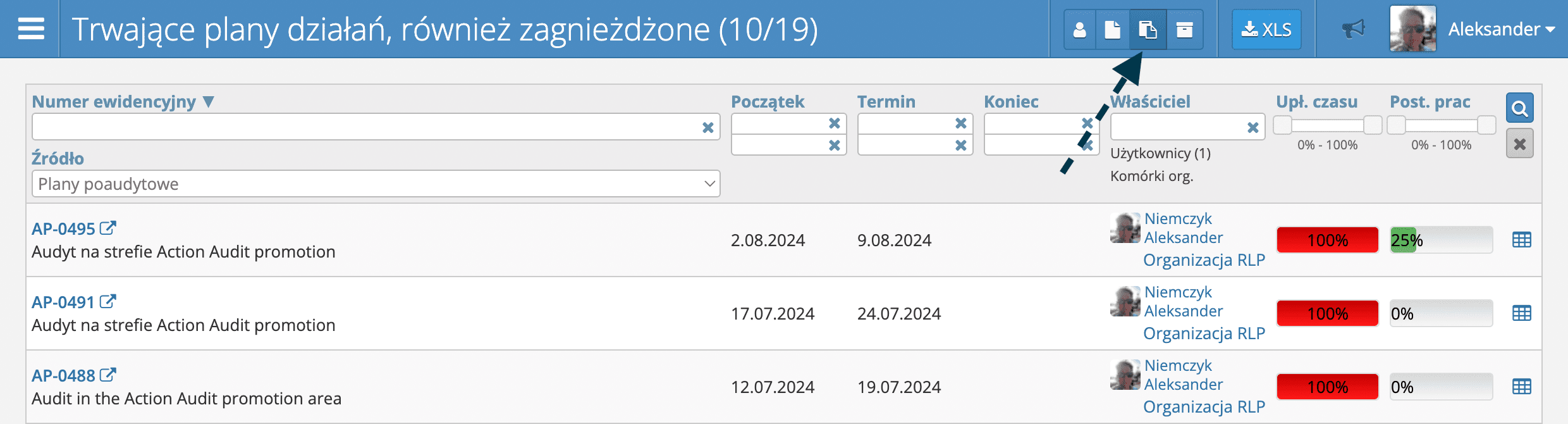 Przełącznik zakresów na liście planów działań