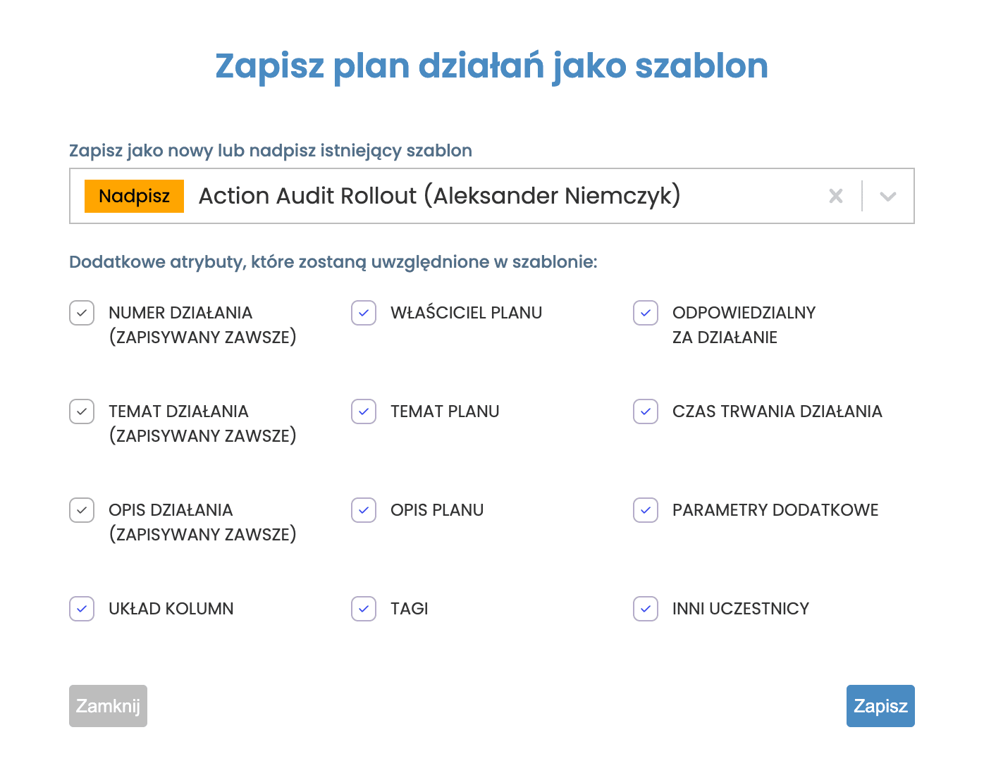 Okno zapisywania szablonu