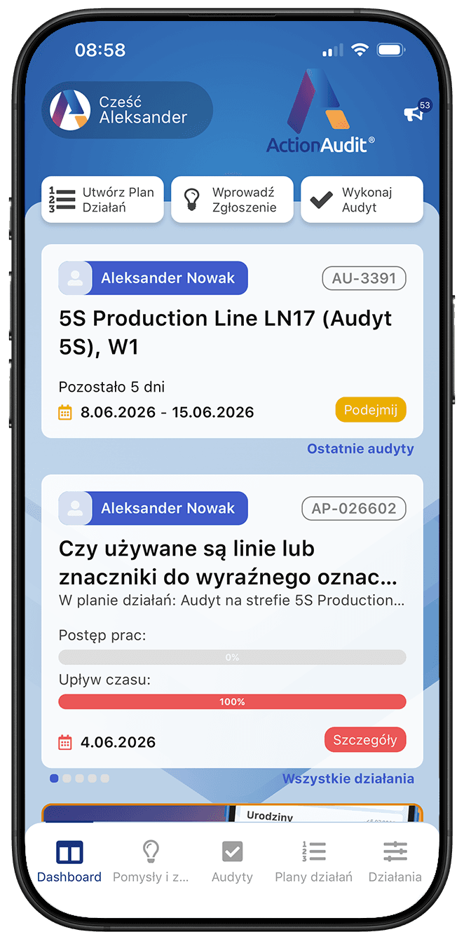 Podgląd działań korygujących na bieżąco