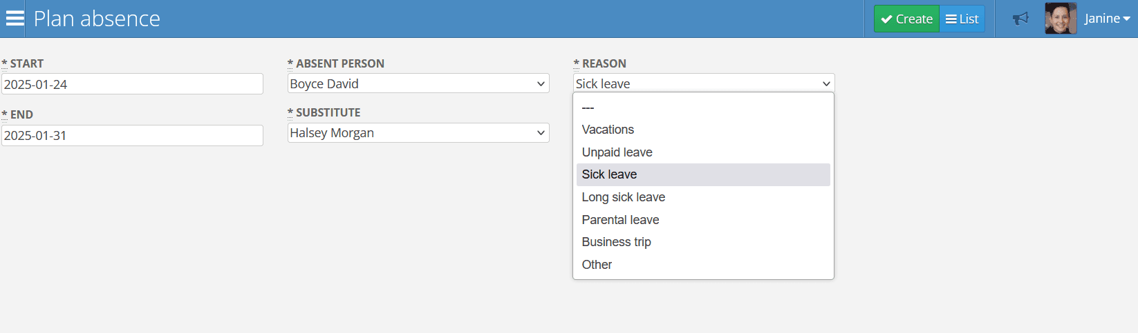 Absence addition panel