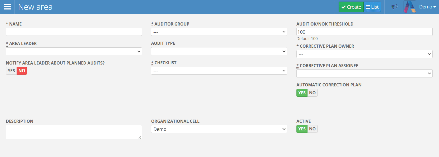 Audit area creation