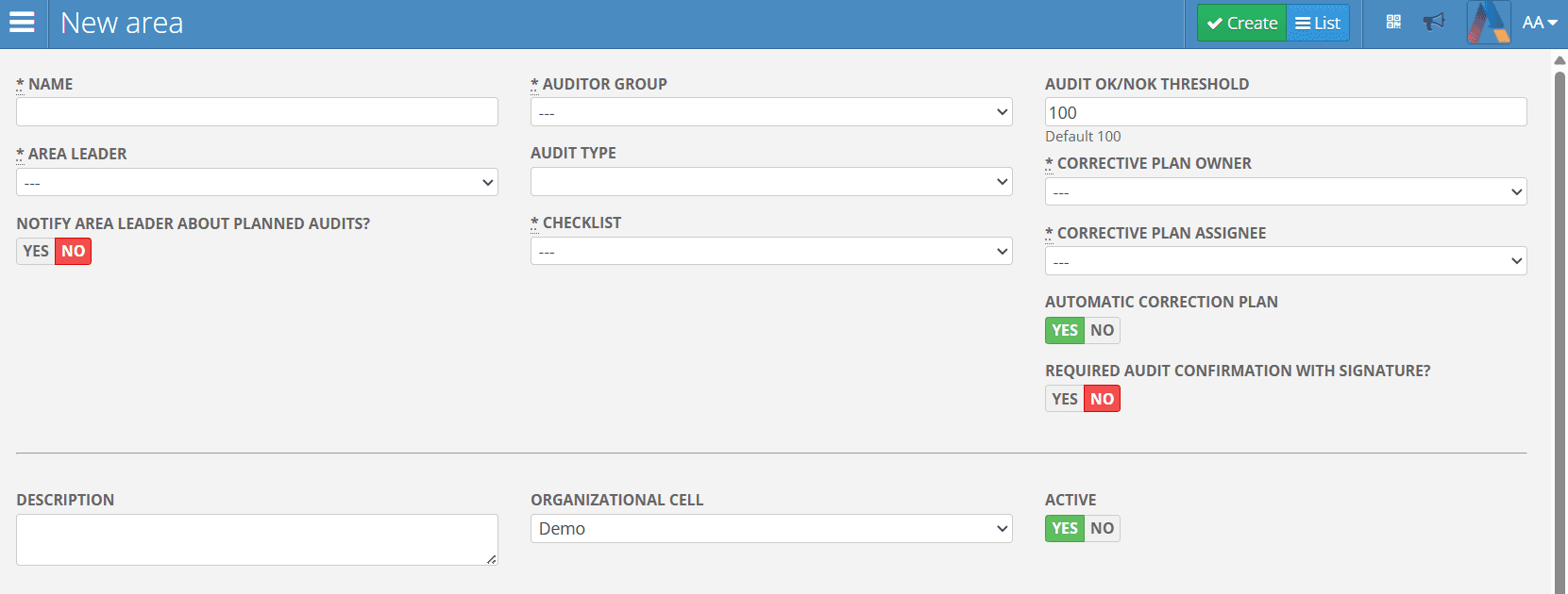 Audit area creation