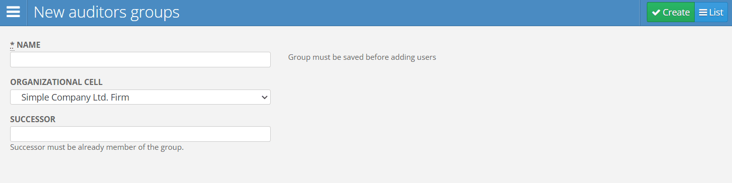 Auditor Group Creation Form