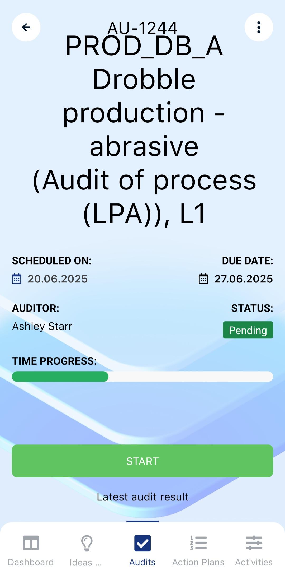 Audit start screen