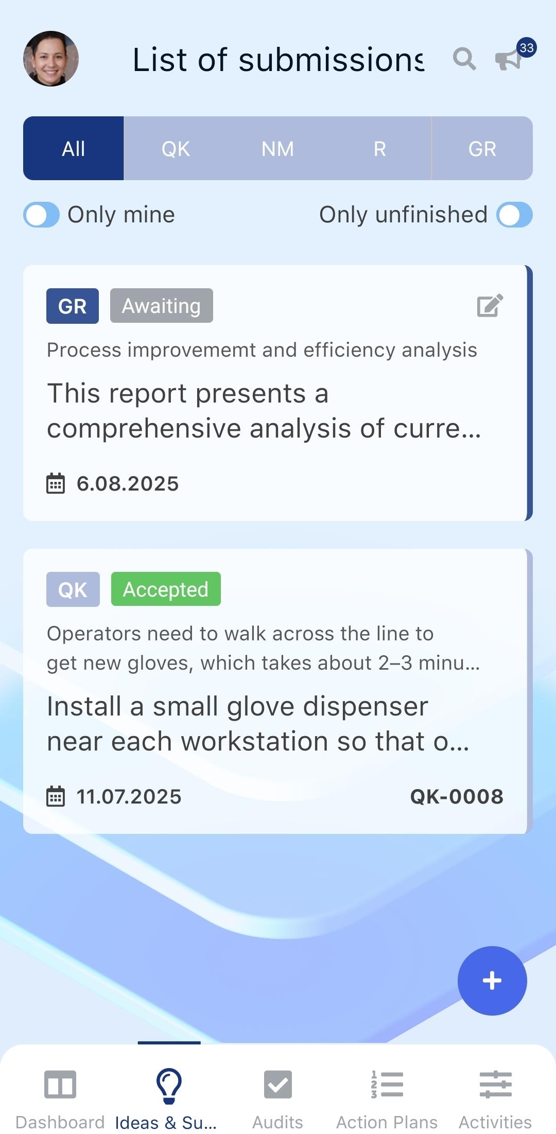 Submission list in Pulse app