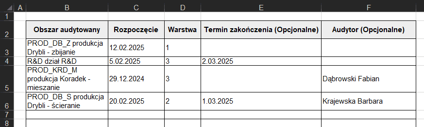 Szablon importu audytów