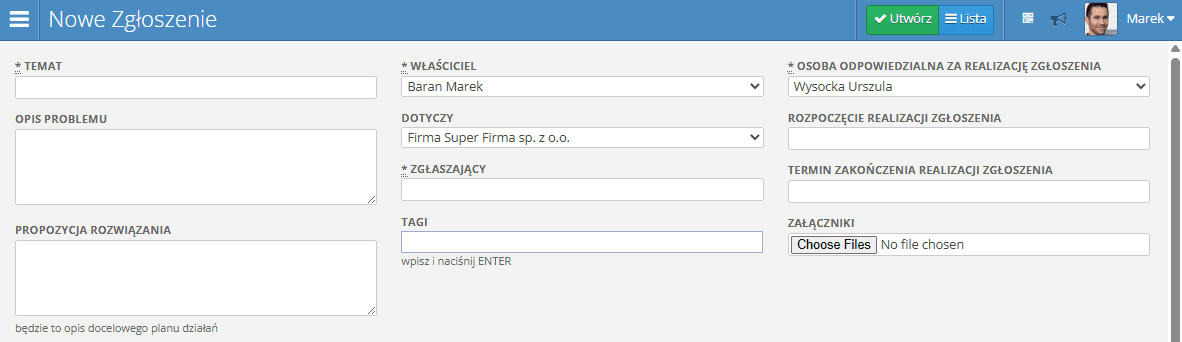Formularz nowego zgłoszenia