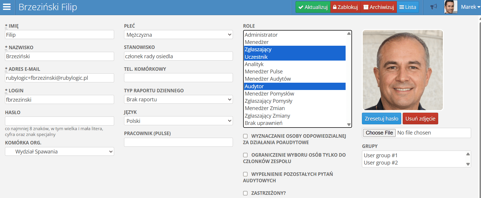 Formularz użytkownika
