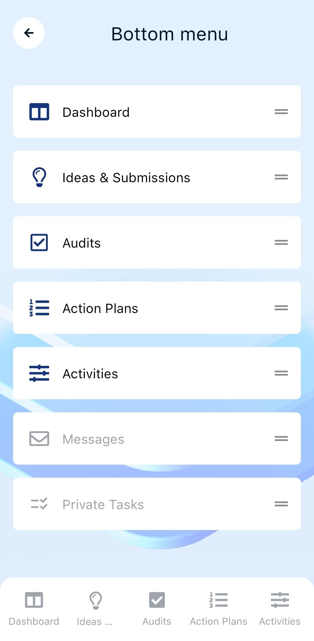 Bottom menu panel settings