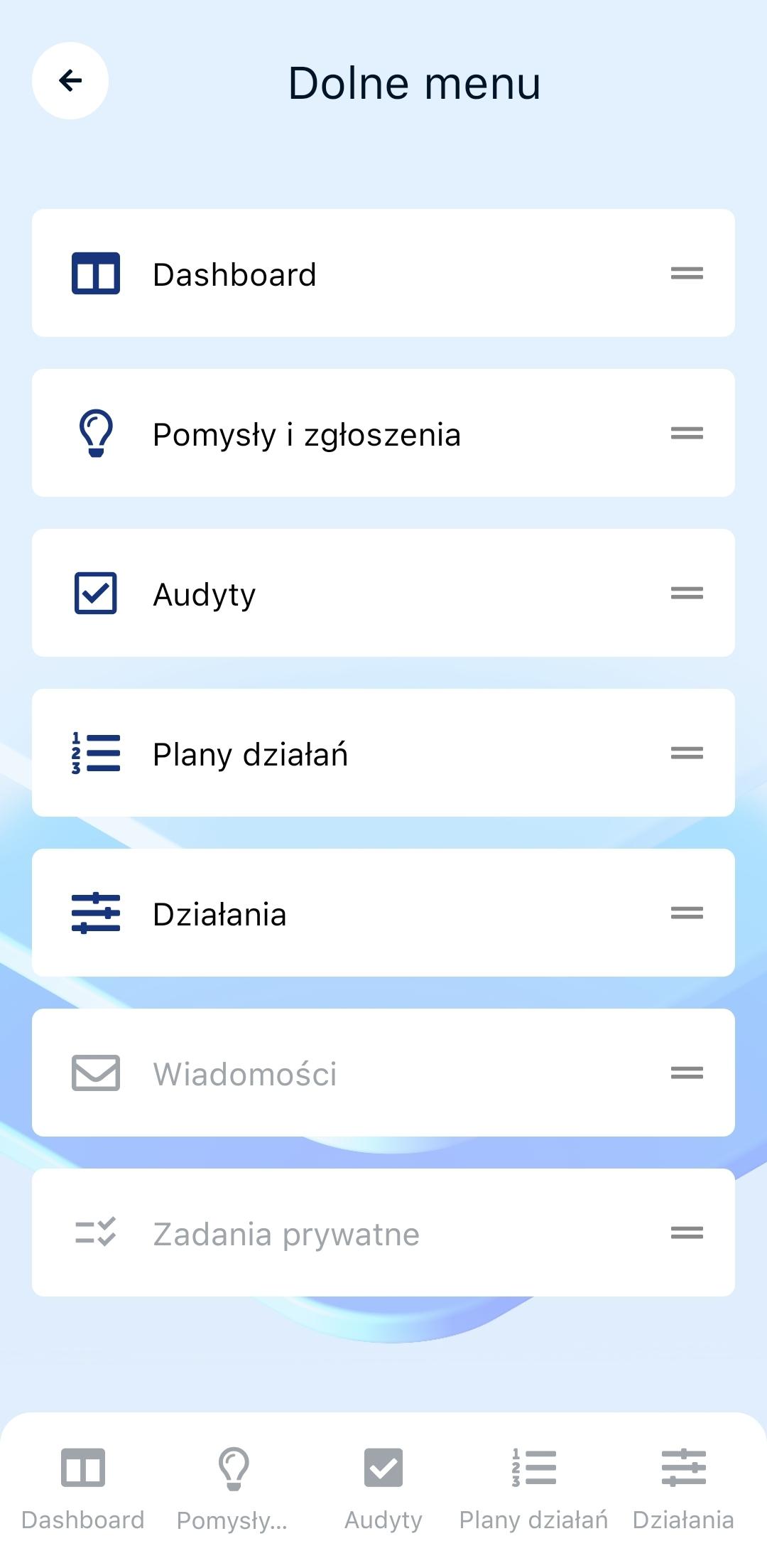Ustawienia dolnego panelu menu