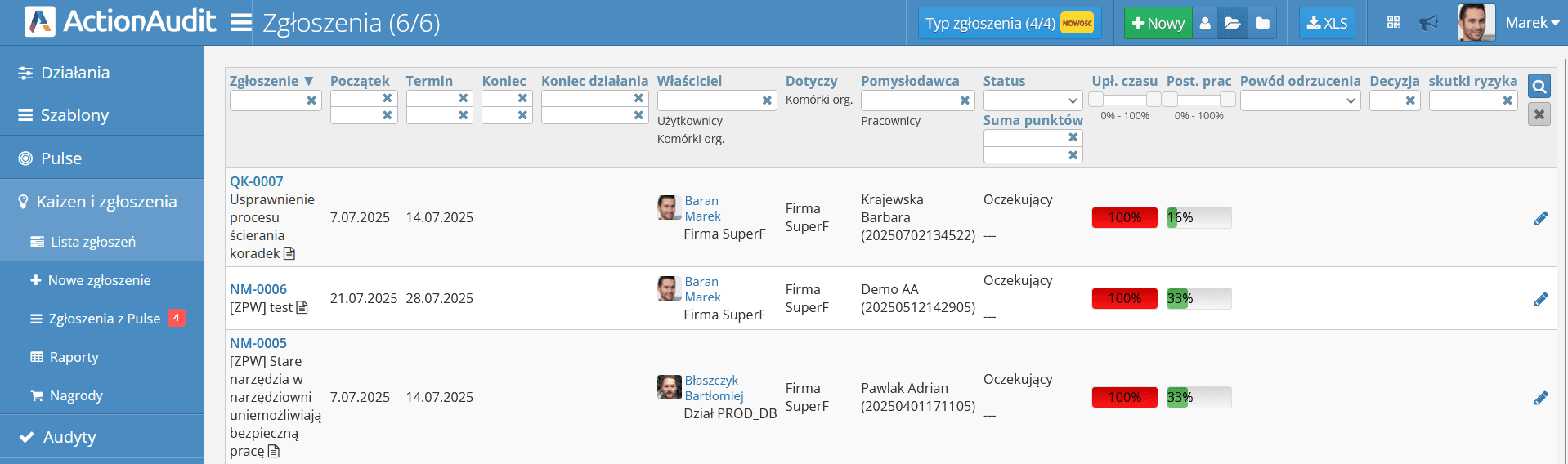 Lista zgłoszeń
