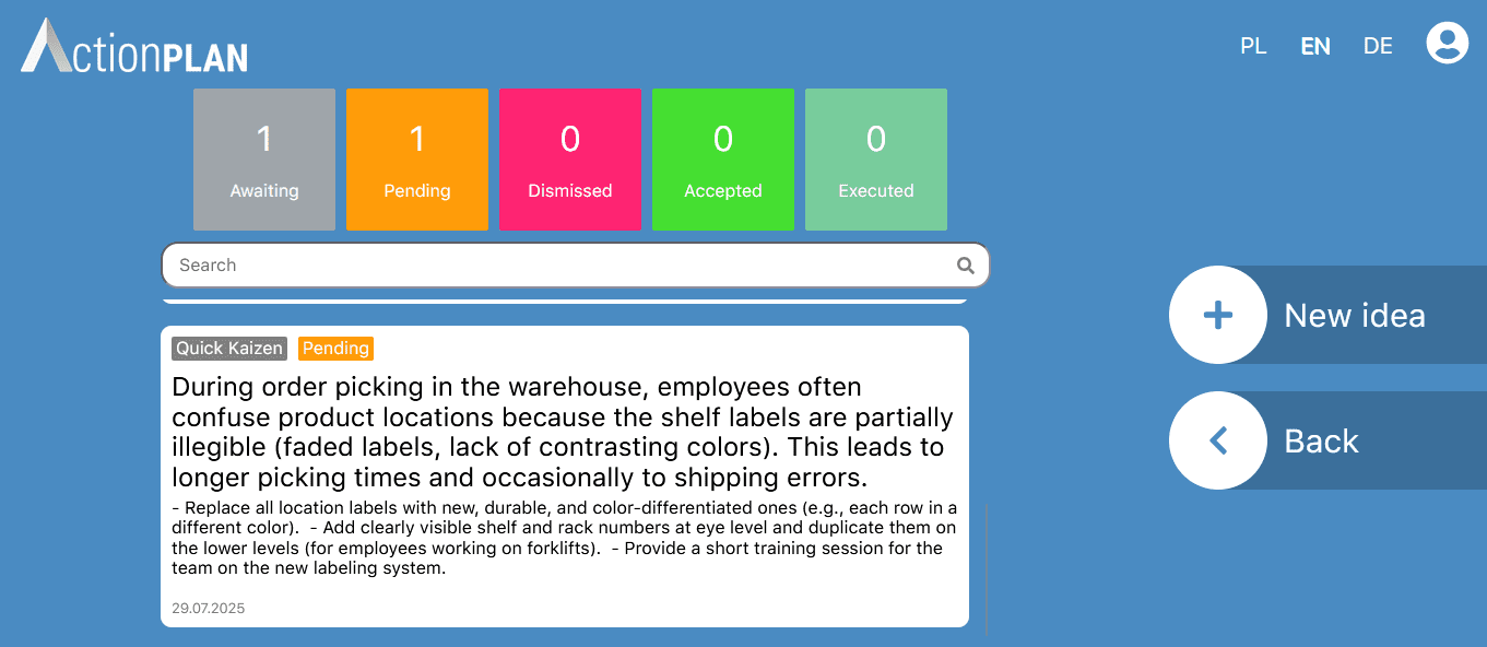 Quick Kaizen module screen