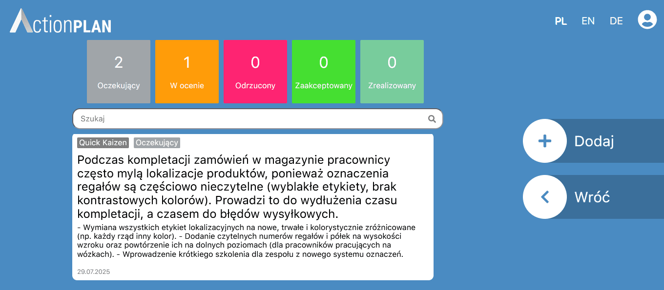 Ekran modułu Quick Kaizen