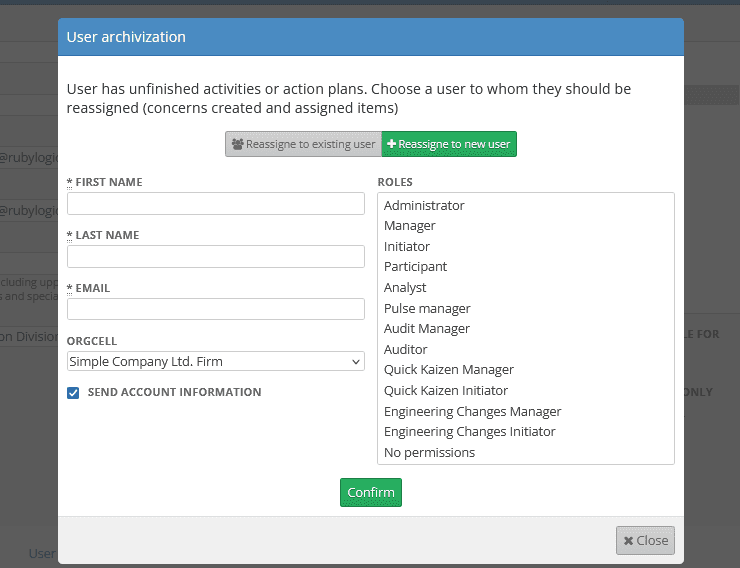 User archiving form