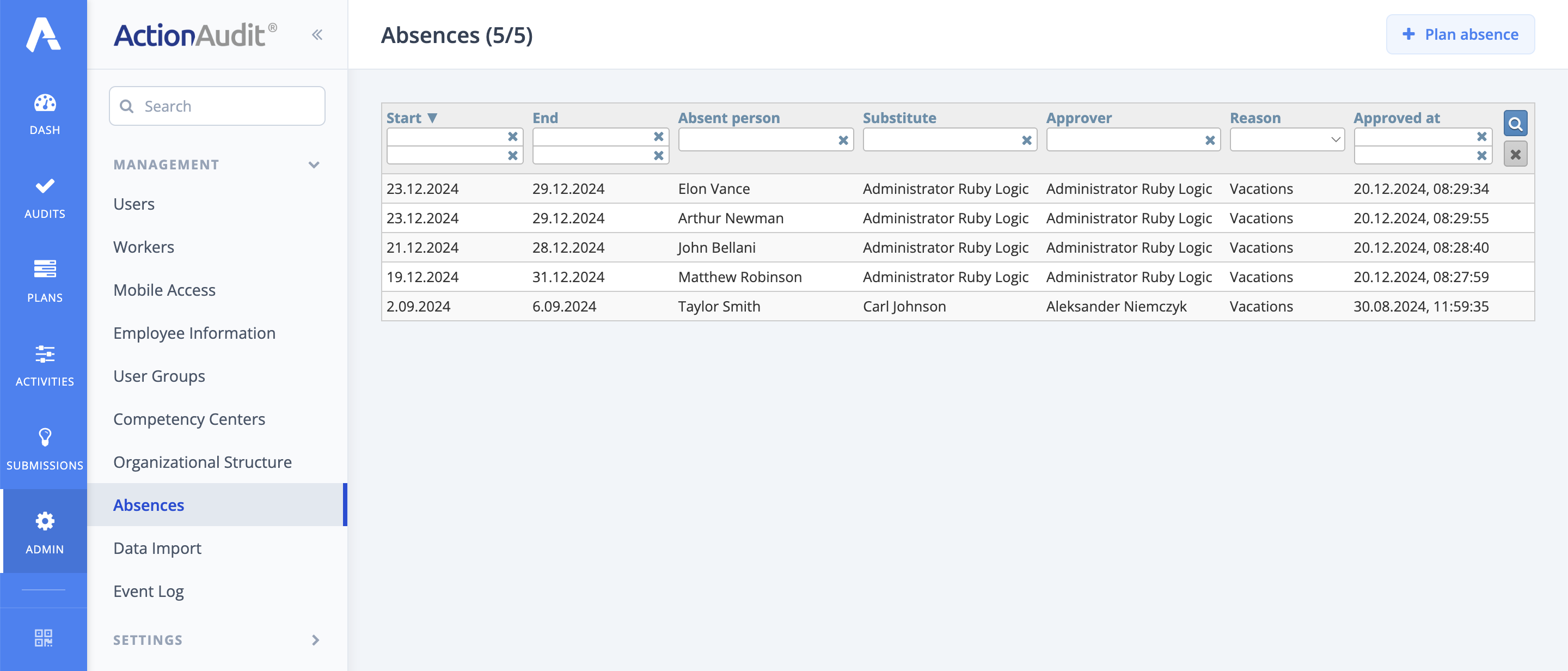 Absence addition panel