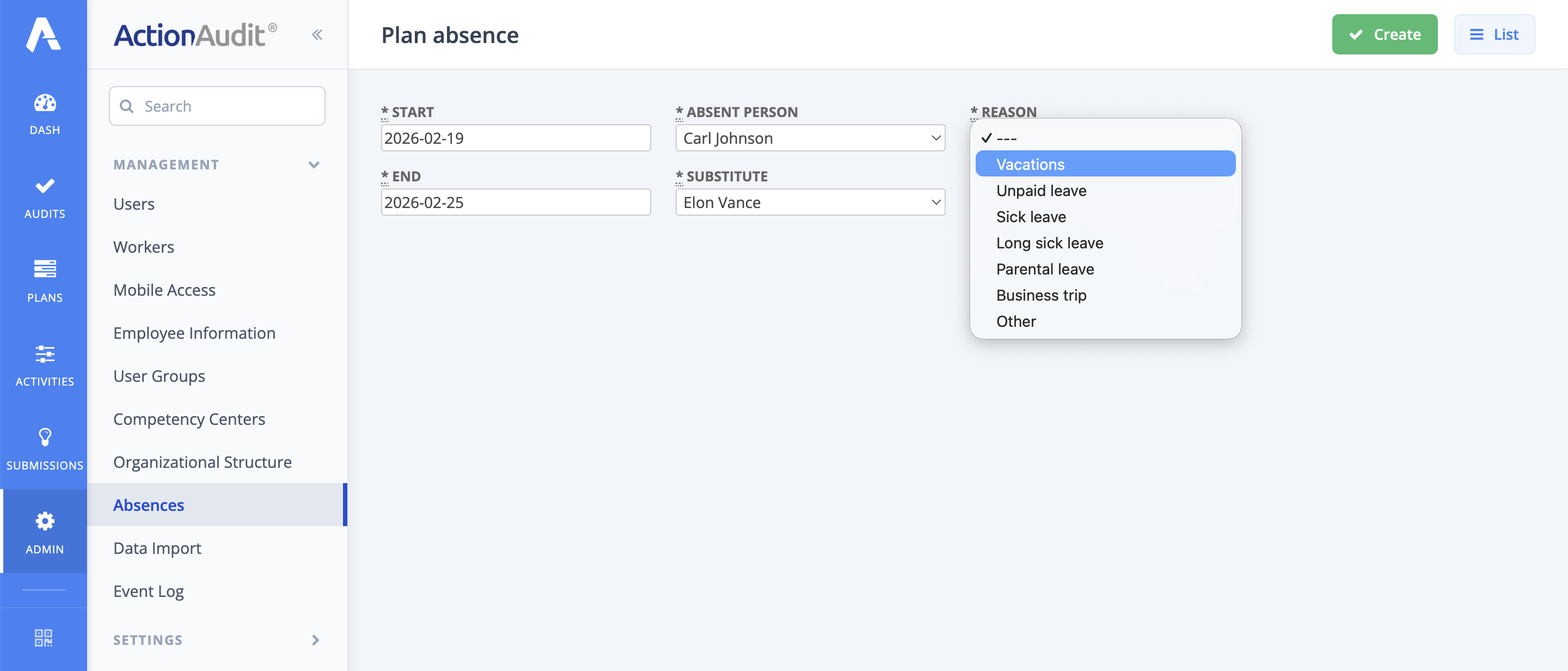 Absence addition panel