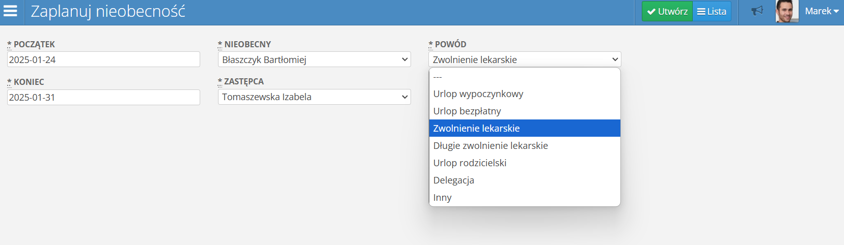 Panel dodawania nieobecności