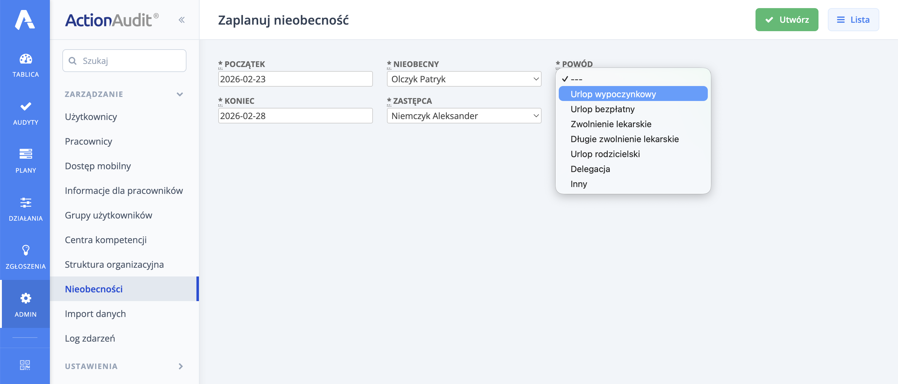 Panel dodawania nieobecności
