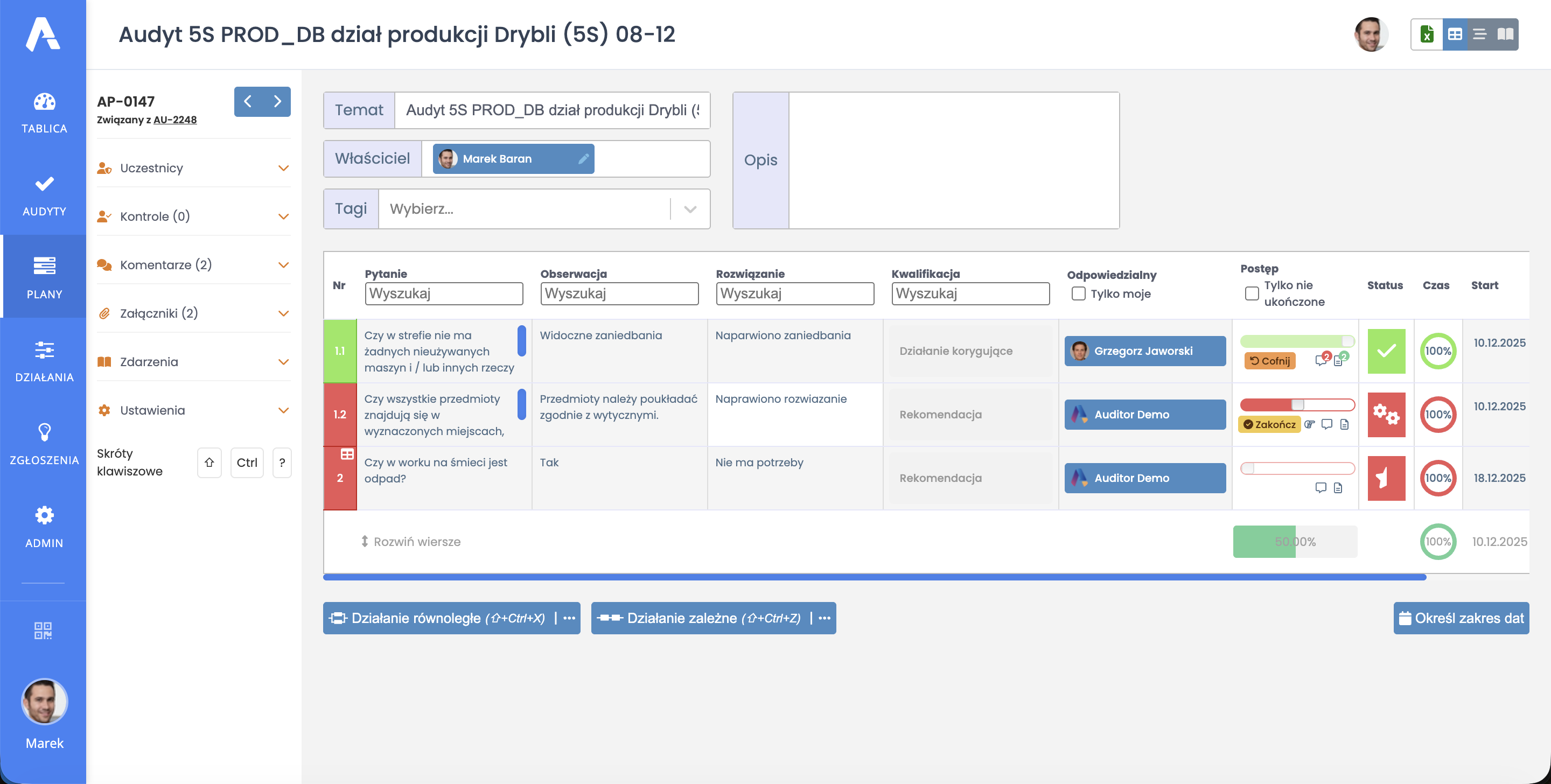Ekran planu działań