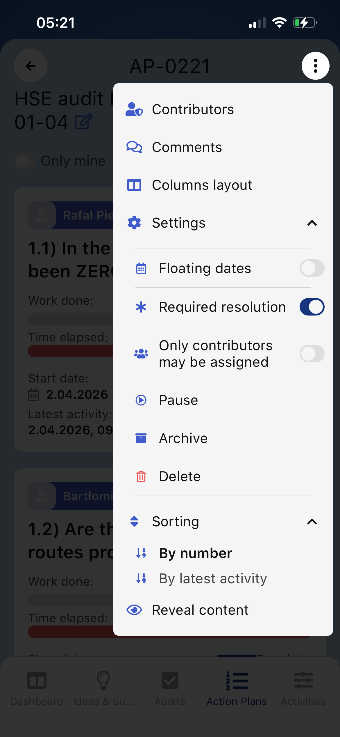 Action plan settings