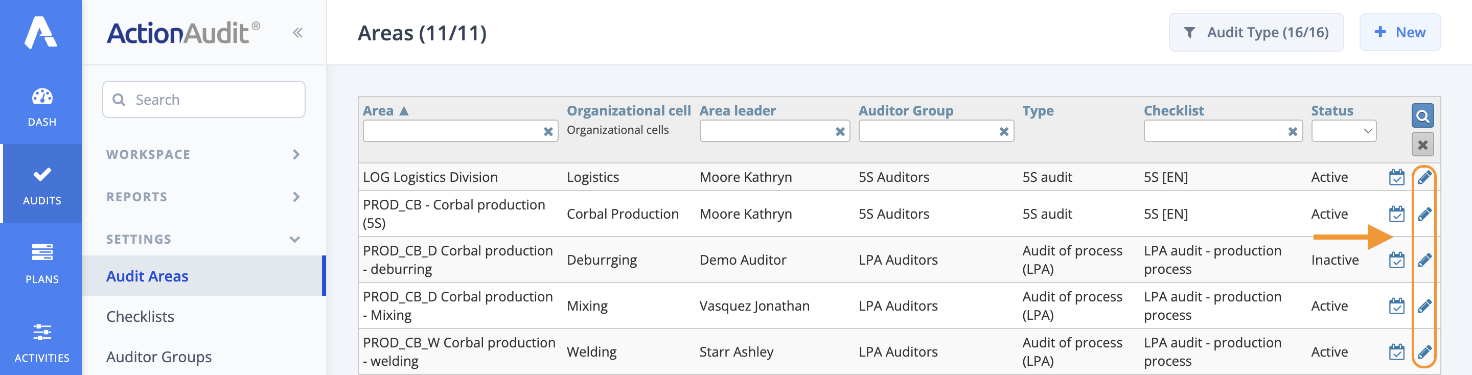 Editing an audit area