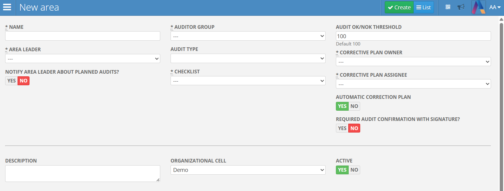 Audit area creation
