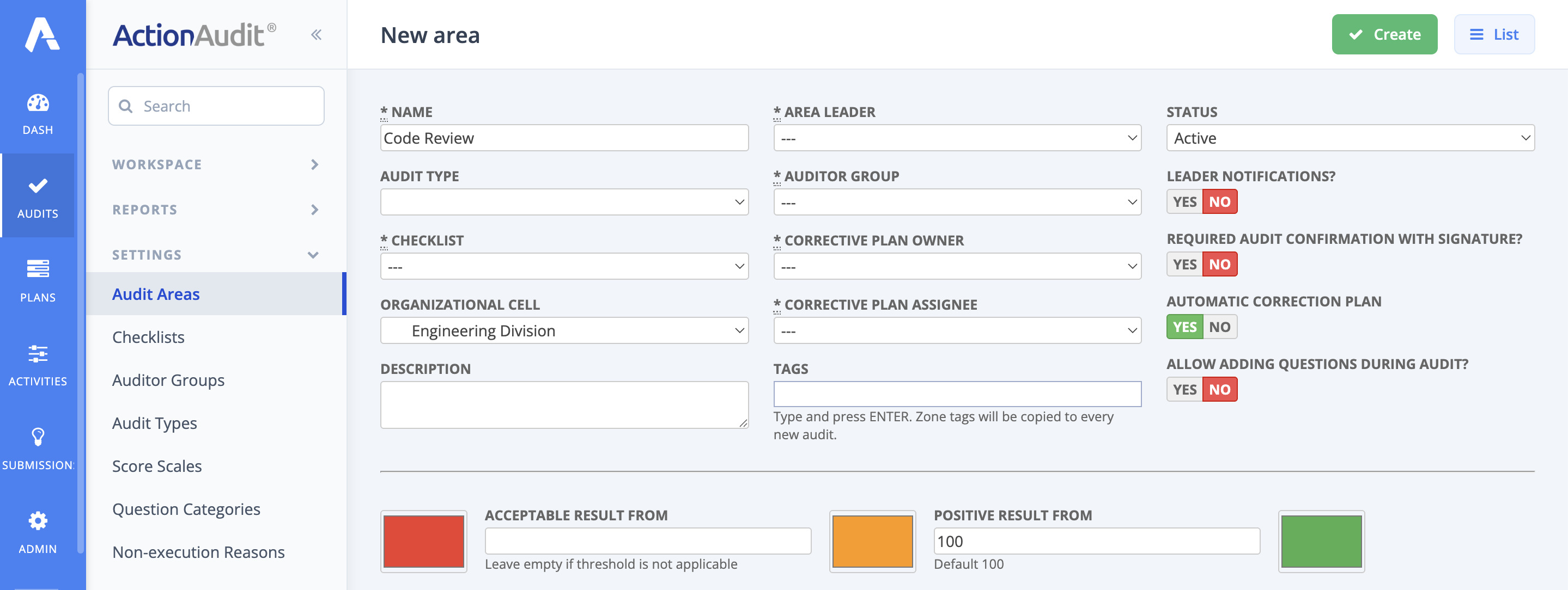 Audit area creation