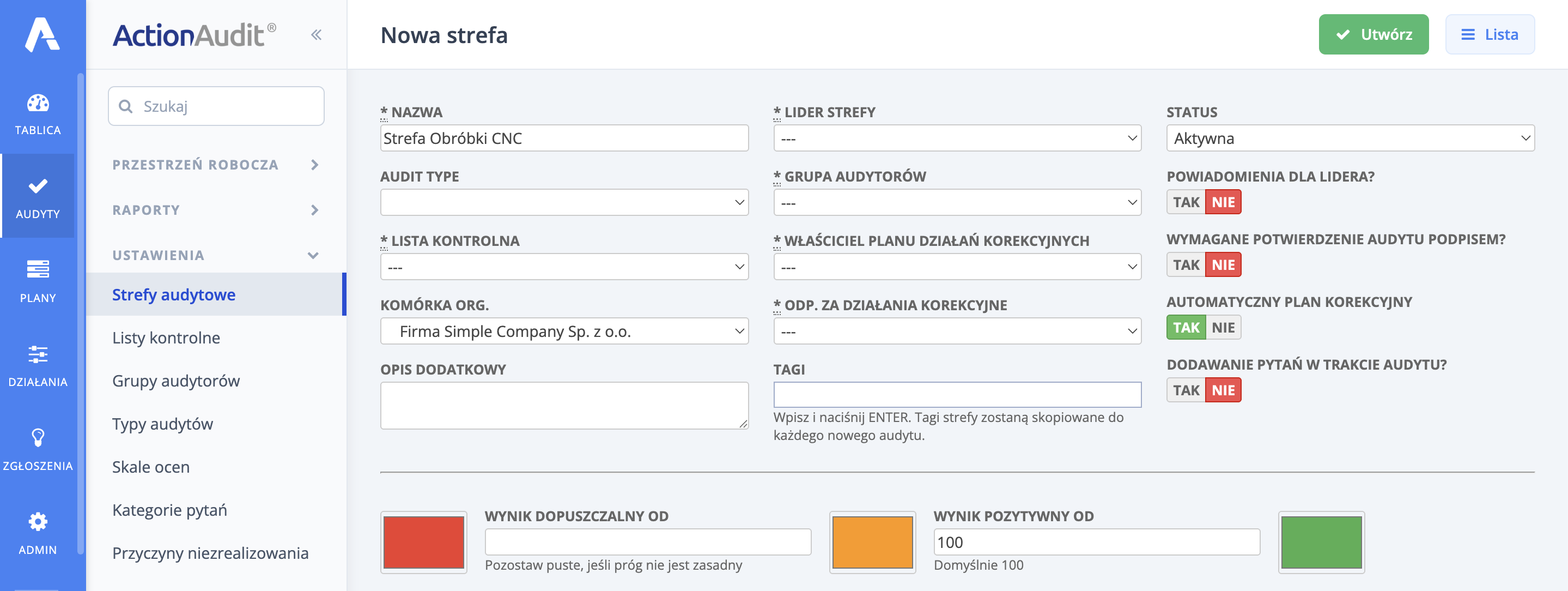 Audit area creation