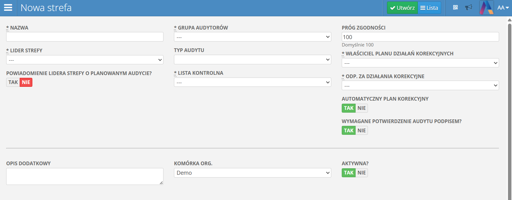 Audit area creation
