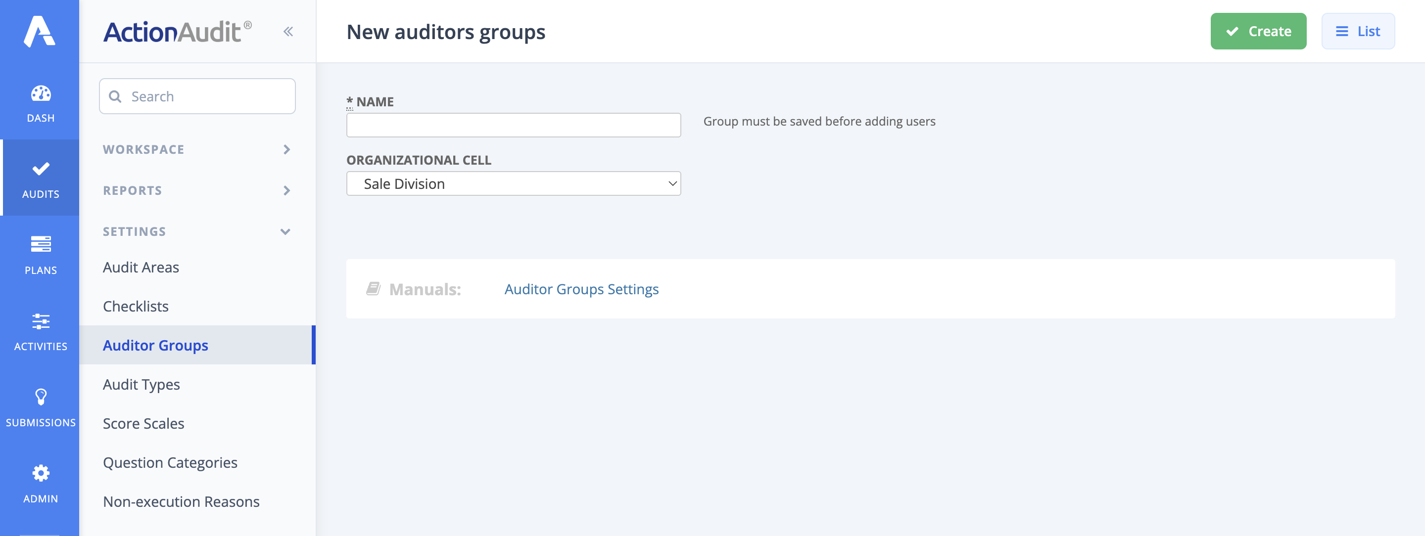 Auditor Group Creation Form
