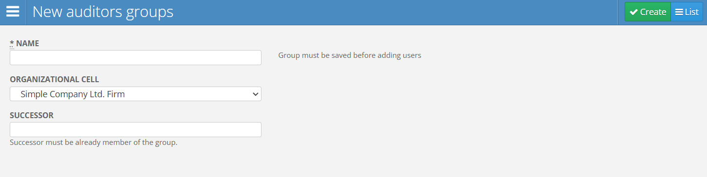 Auditor Group Creation Form
