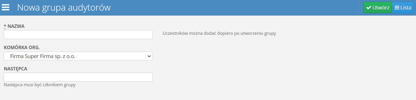 Formularz dodawania grupy audytorów