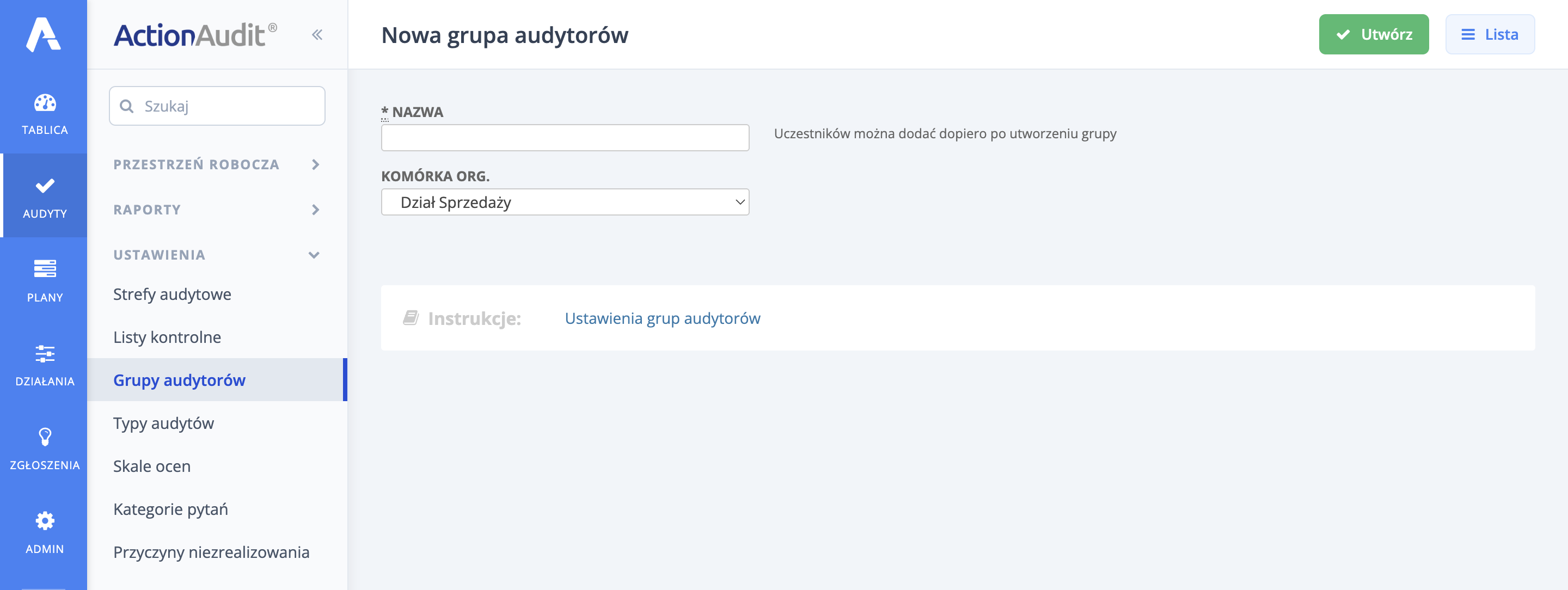 Formularz dodawania grupy audytorów