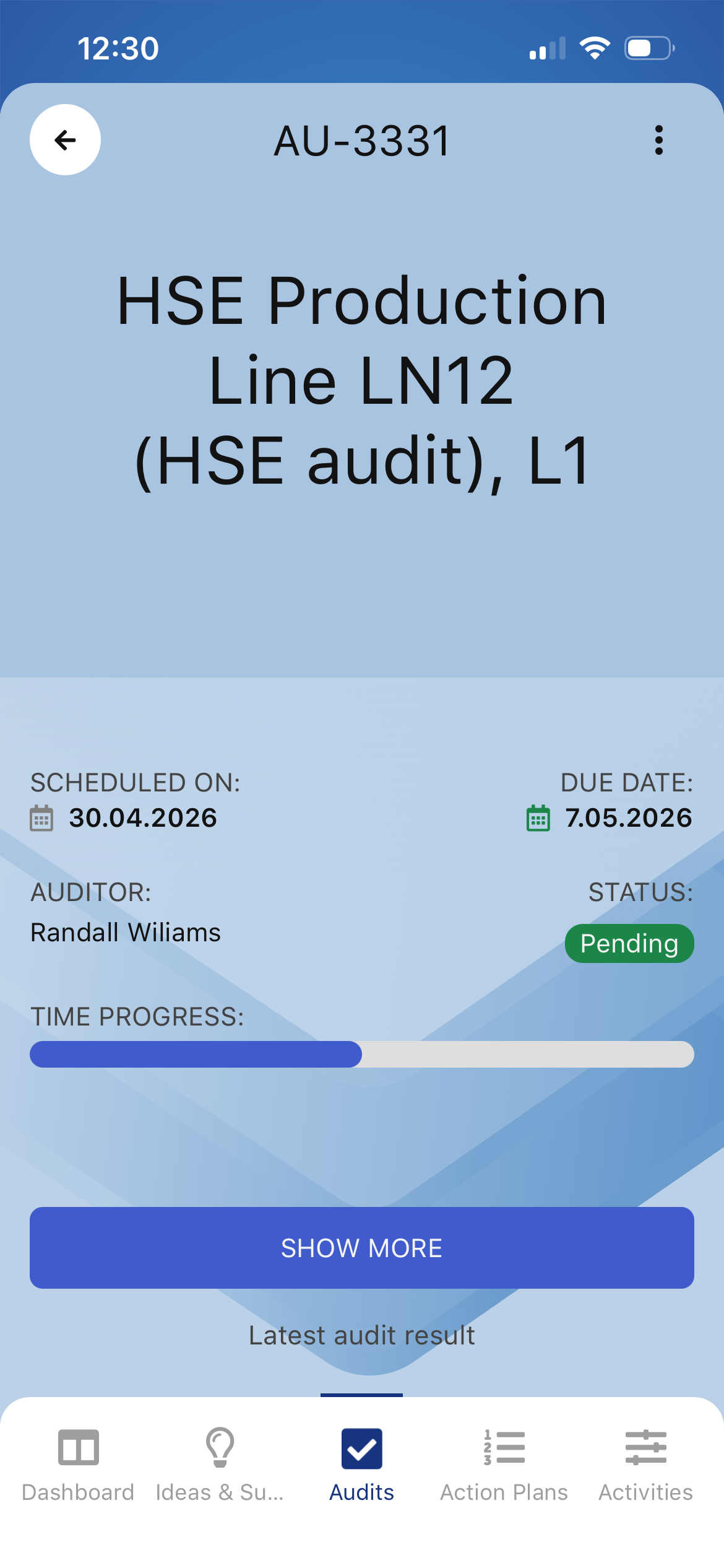 Audit start screen