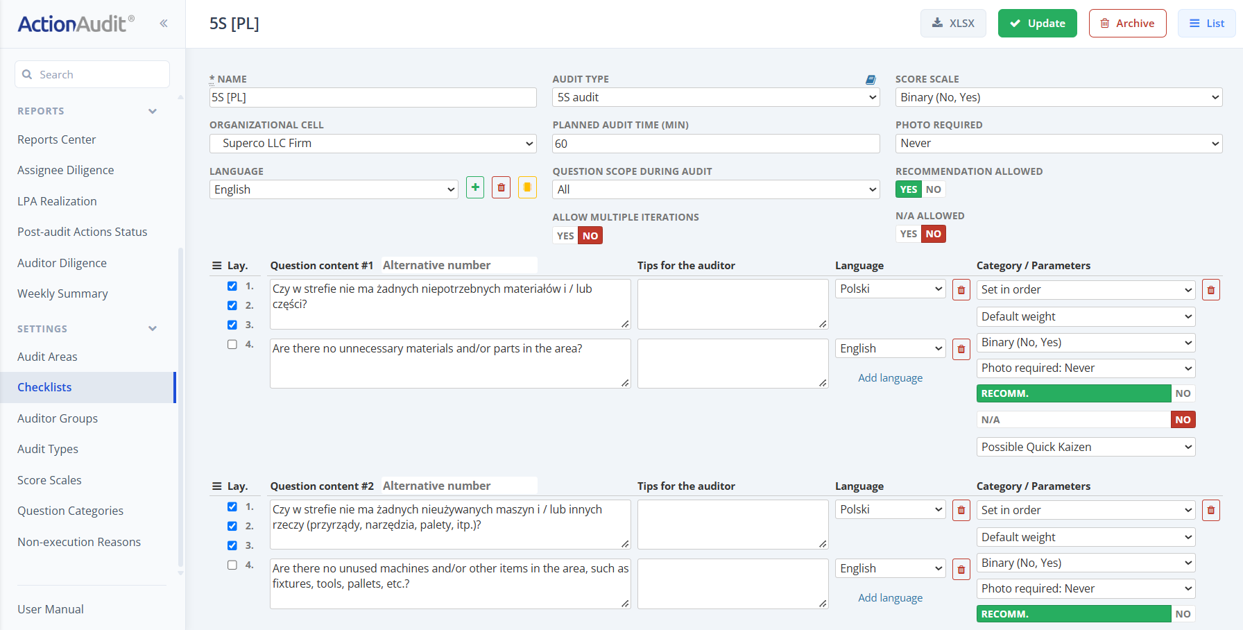 Checklist edit form