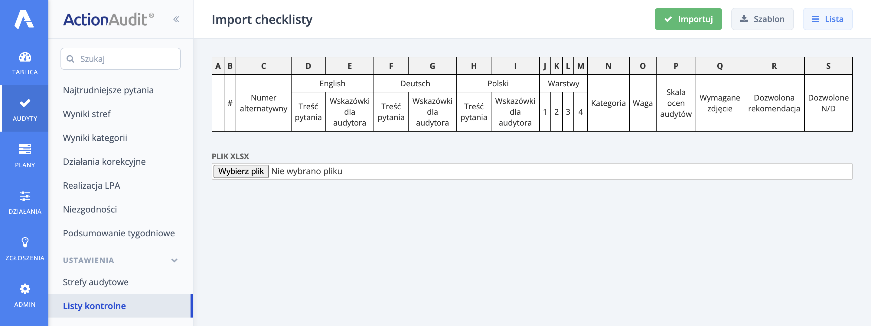 Import listy kontrolnej