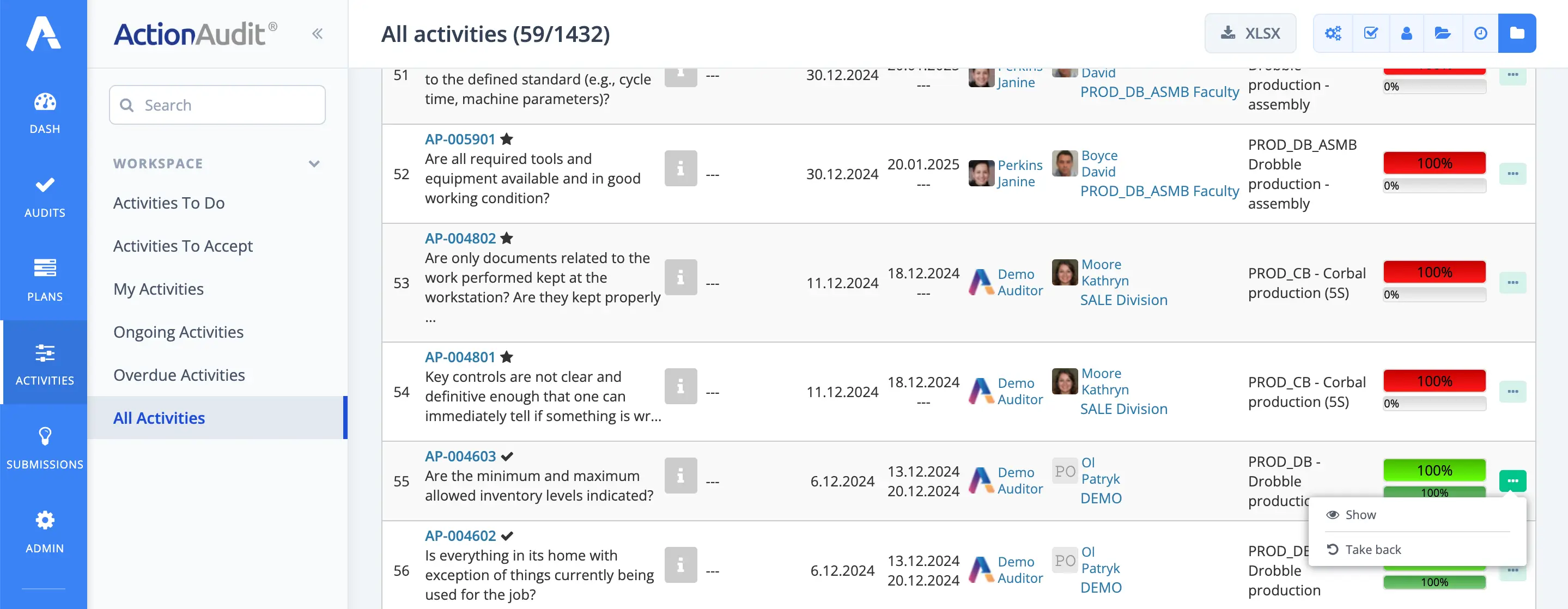 Activities list screen