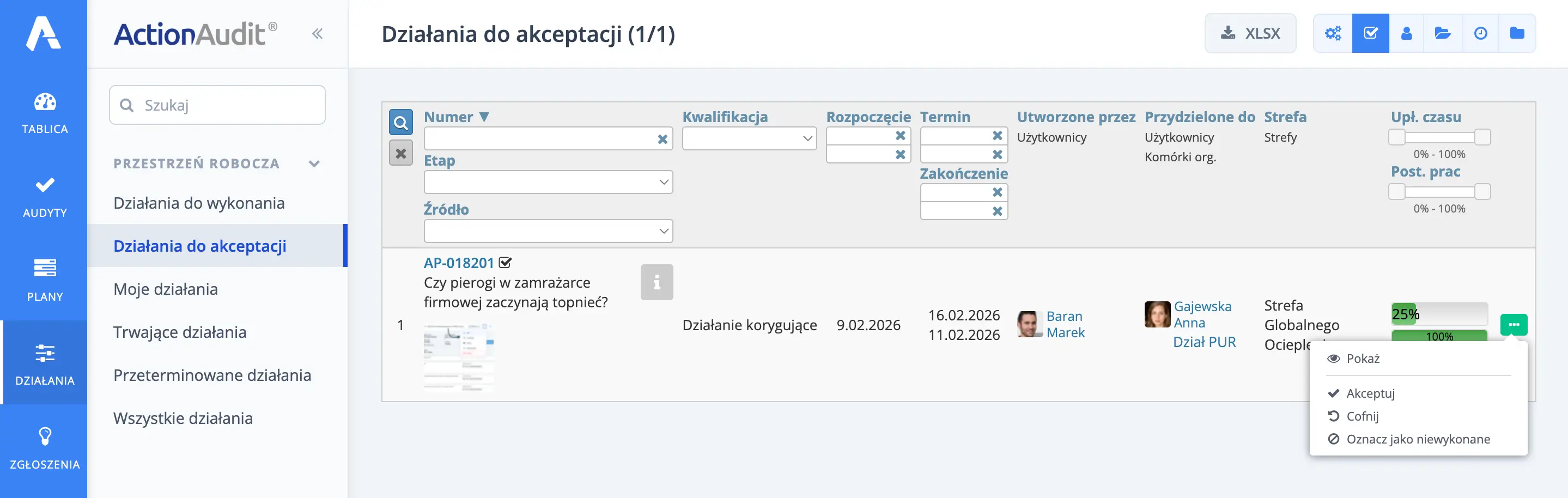 ekran Lista działań