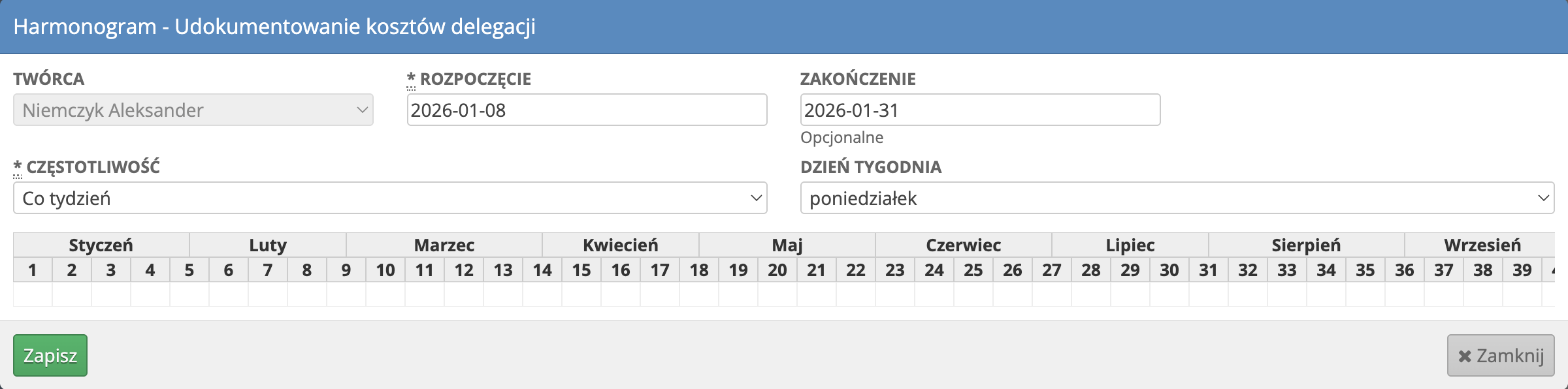 Widok harmonogramu szablonu