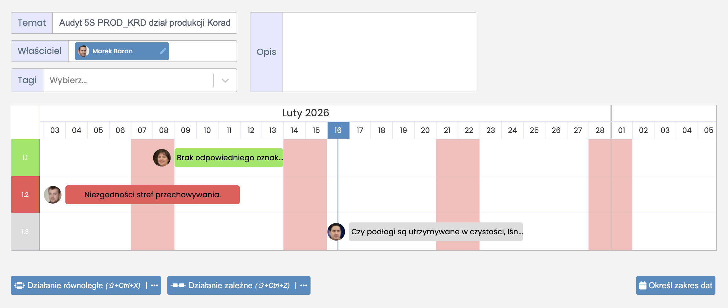 Widok planu działań