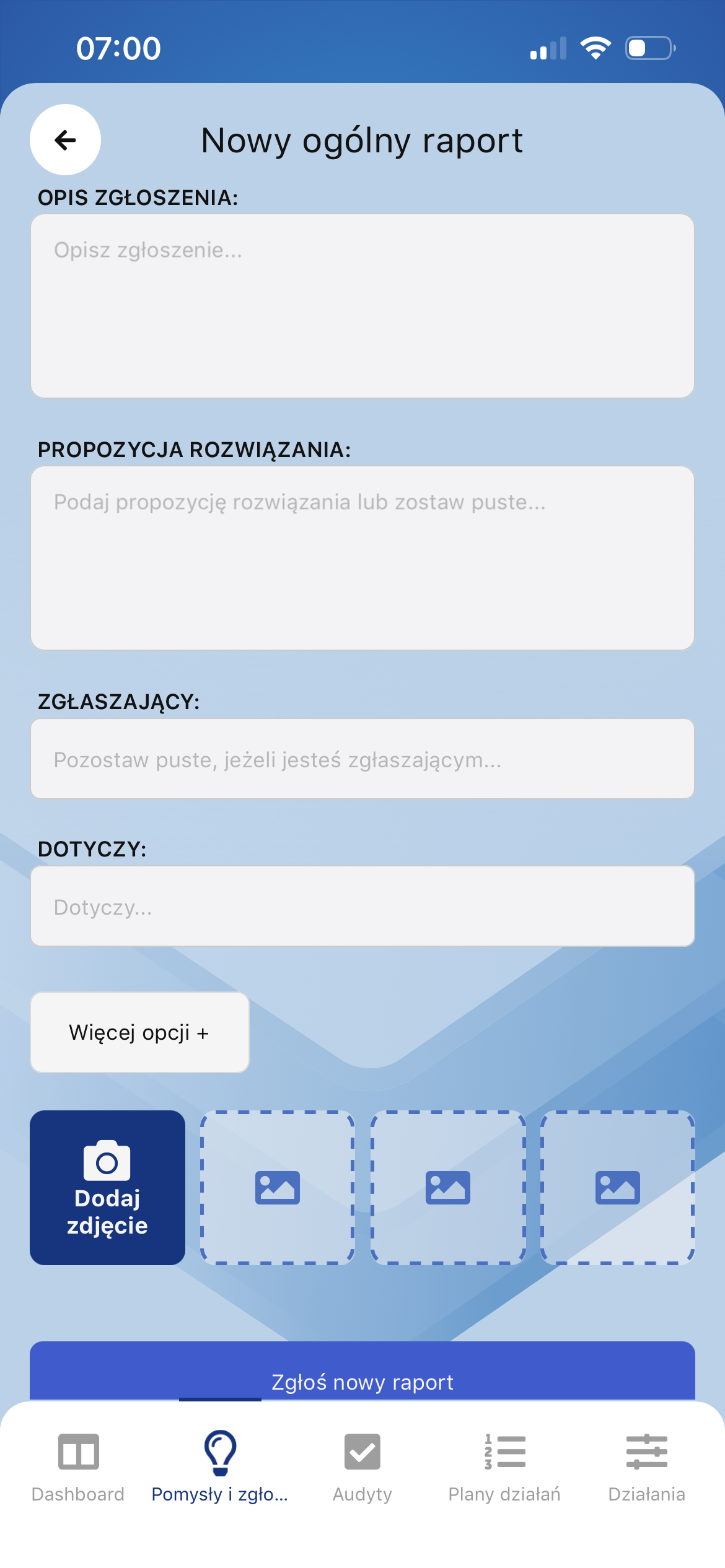 Formularz zgłoszenia w aplikacji Pulse