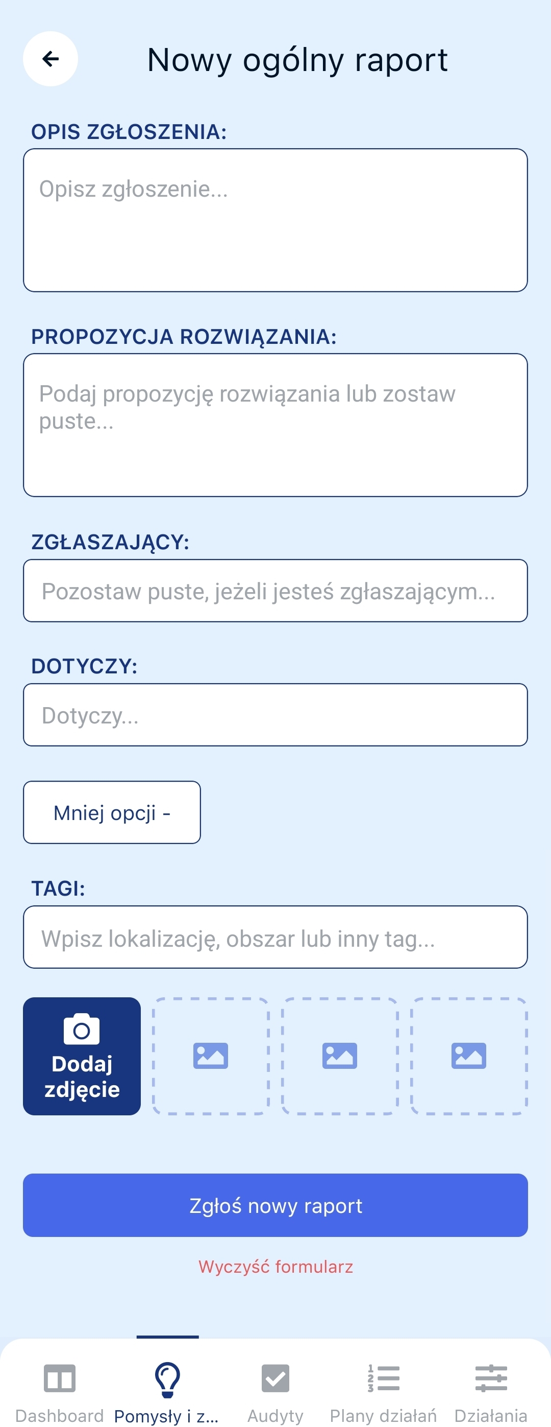 Formularz zgłoszenia w aplikacji Pulse