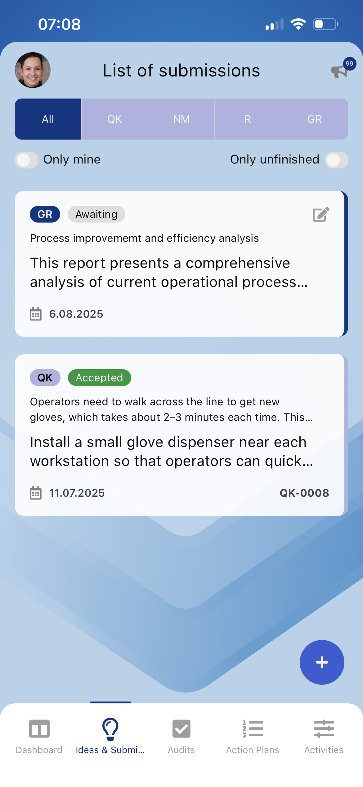 Submission list in Pulse app