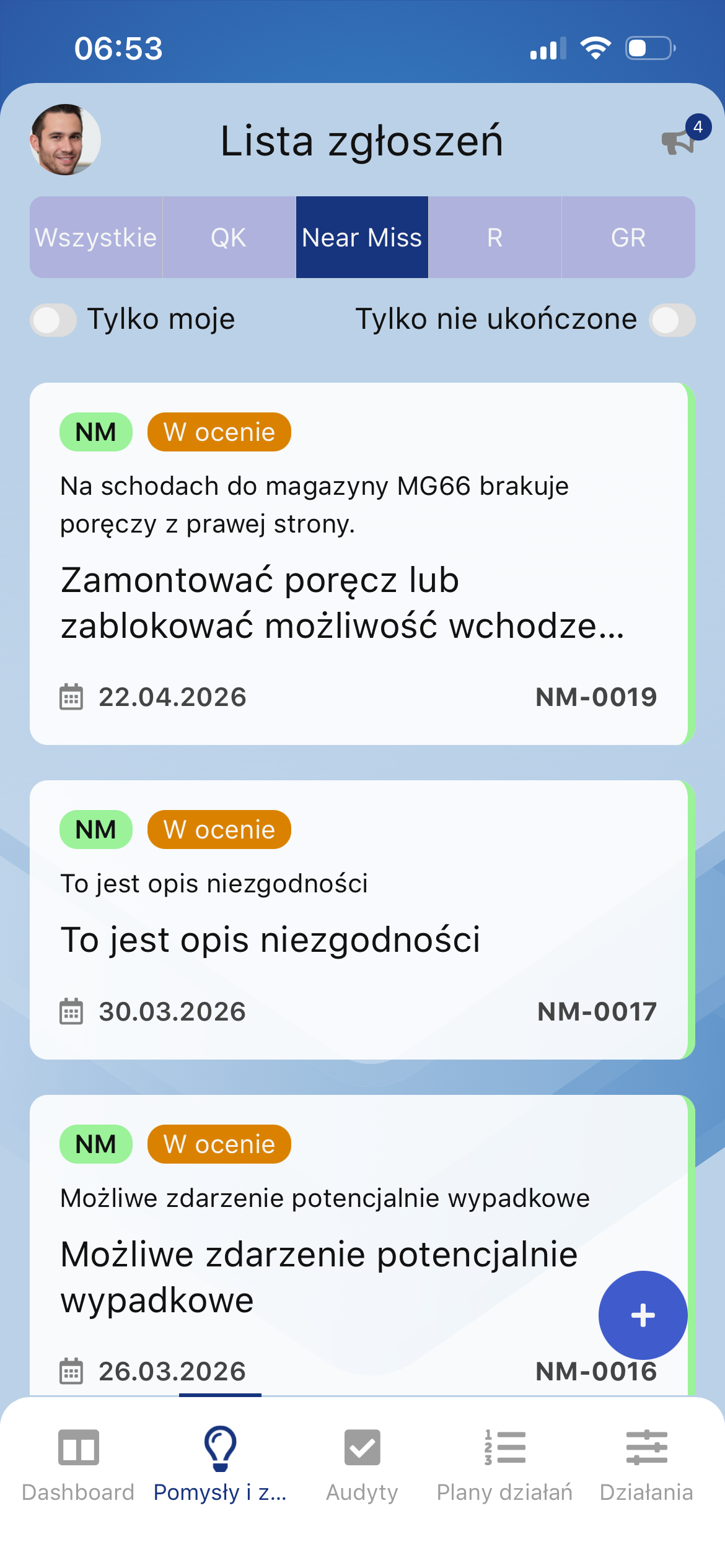 Lista zgłoszeń w aplikacji Pulse