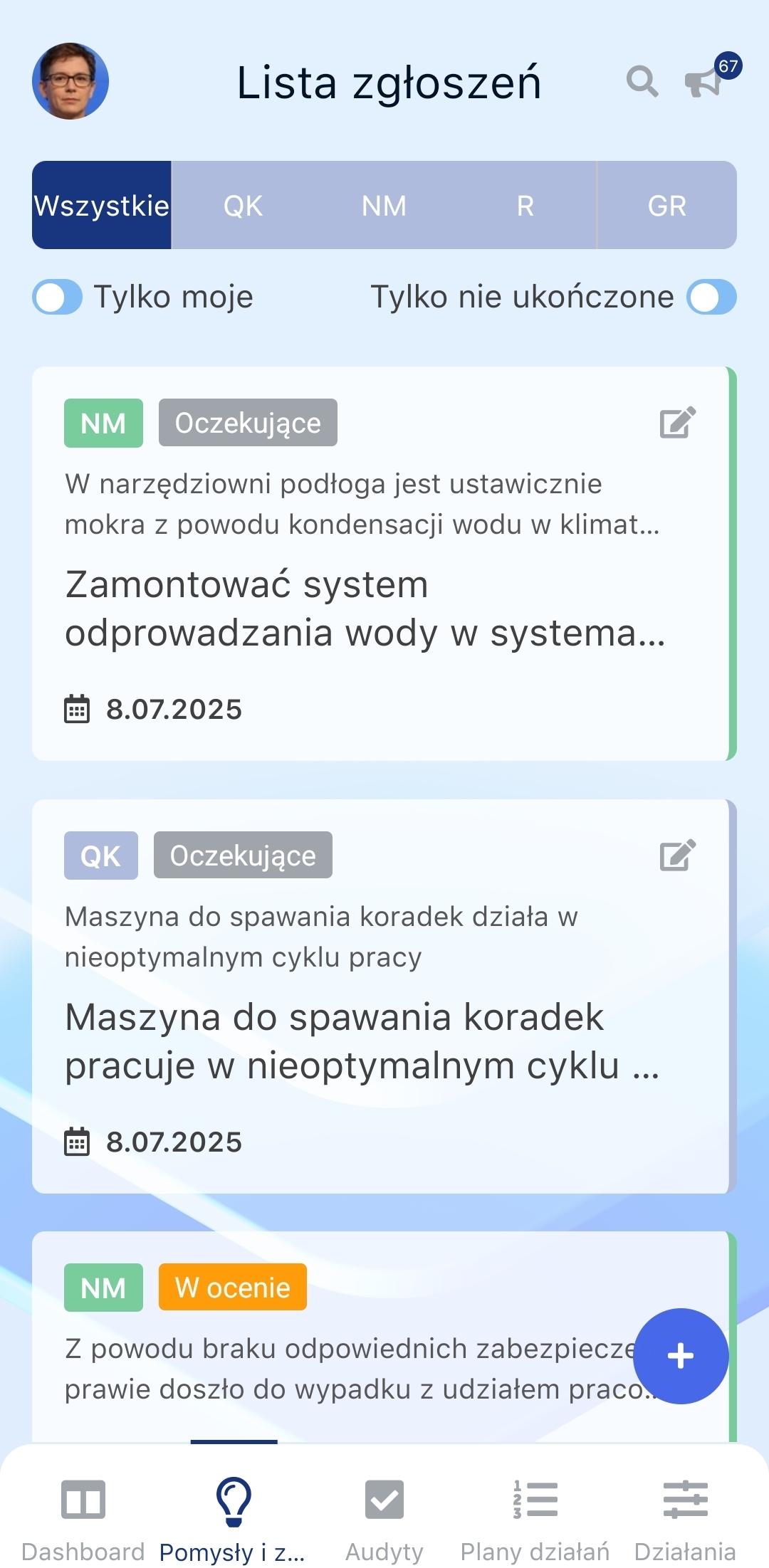 Lista zgłoszeń w aplikacji Pulse