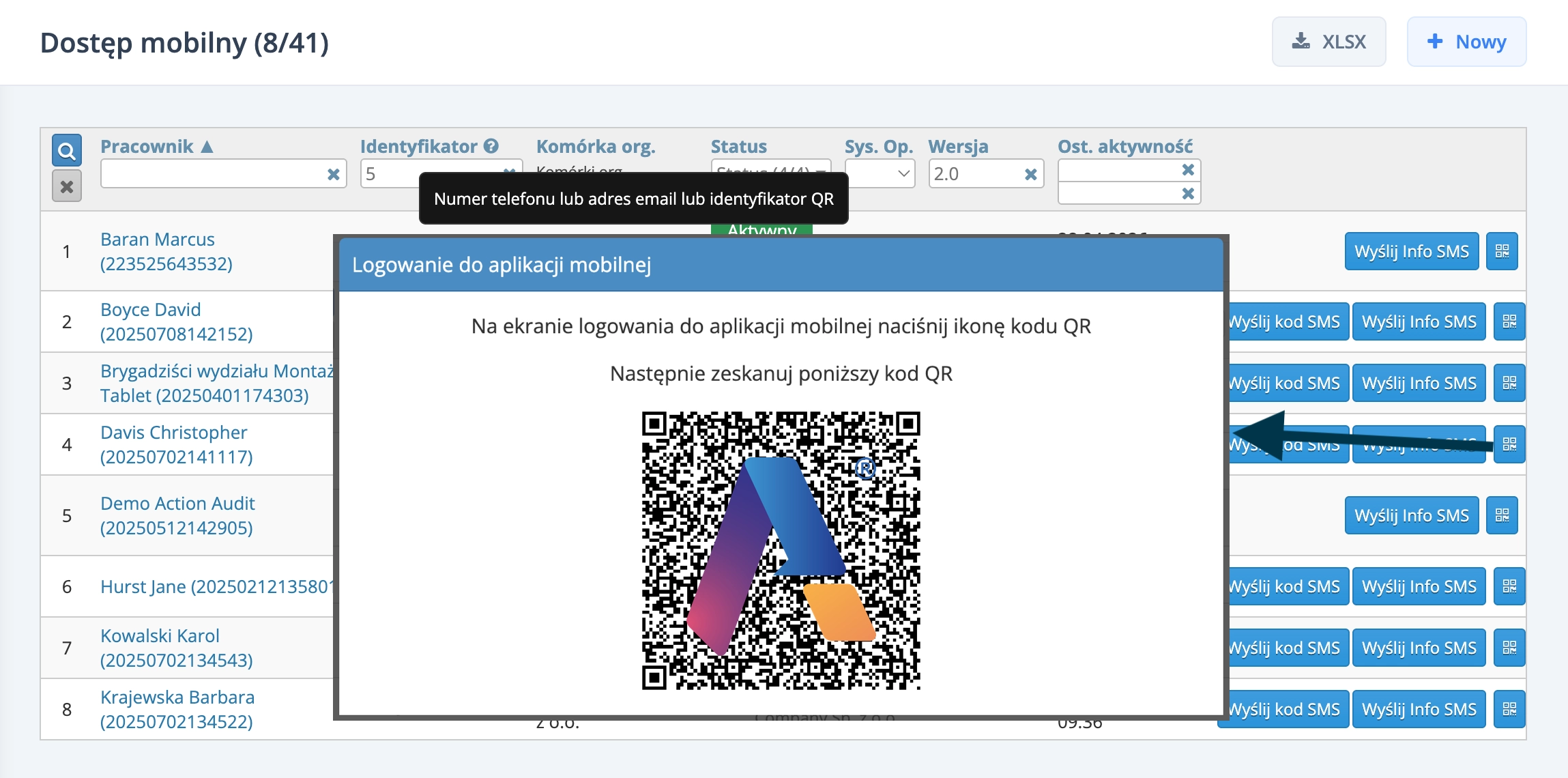 Widok skanowania kodu QR dla dostępu mobilnego